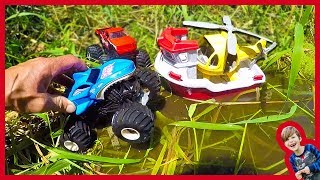 MONSTER TRUCKS RESCUED BY GREEN TOYS HELICOPTER BOAT [upl. by Chien499]