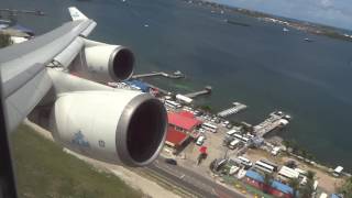 KLM Boeing 747400 quotRocketquot Takeoff St Maarten Princess Juliana Airport [upl. by Yenruoc]