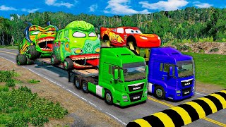 TRANSPORTING PIXAR CARS amp FRUITS WITH COLORED amp JOHN DEERE vs CLAAS vs TRACTORS  BeamNGdrive 962 [upl. by Garceau]