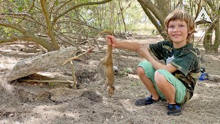 Invasive Mongoose Catch and Cook Using Primitive Deadfall Method [upl. by Nonnahsed]