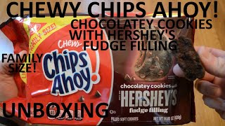 Unboxing Chips Ahoy Chewy Chocolatey Cookies With Hersheys Fudge Filling Family Size [upl. by Ahsirtal101]