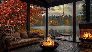 StressFree Autumn Porch Vibes 🍂 Jazz Heavy Rain Fire Sounds and Lakeside in Fall Forest Ambience [upl. by Adelaida641]