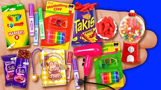 13 DIY Doll Miniatures for Barbie Mini Foods Crafts Clay Gumball Crayola Takis Bubbly Hair Dryer [upl. by Eicrad381]