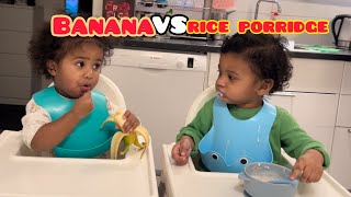 BLW😋 were twins but that doesnt mean were alike 😘Banana and Rice porridge❤️baby led weaning [upl. by Michal]