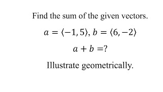 Find the sum of the given vectors𝑎⟨−1 5⟩ 𝑏⟨6 −2⟩𝑎𝑏Illustrate geometrically [upl. by Nniuq623]