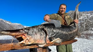 A Giant Sturgeon Roasted Under A Barrel In A Bonfire Dinner In A Snowy Village [upl. by Shiekh]