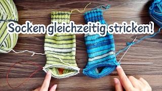 2 Socken auf einer Rundstricknadel stricken  Socken mit Käppchenferse und Bandspitze [upl. by Sordnaxela]