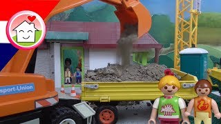 Graafmachine vrachtauto kraan  Huis Bouwplaats Playmobil filmpje Nederlands  Familie Huizer [upl. by Kaz]