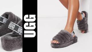 UGG Fluff Yeah Logo Slippers In Charcoal On Feet [upl. by Culbert]