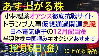 あす上がる株 2024年１２月６日（金）に上がる銘柄。小林製薬オアシス徹底抗戦サイト。トランプ人事仮想通貨関連急騰。半導体中国頼み、キオクシア明日～最新の日本株情報。高配当株の株価やデイトレ情報～ [upl. by Lezah]