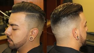 Slicked Back Pompadour with Bald Fade pomp scissor haircut razor fade side part [upl. by Noiram]