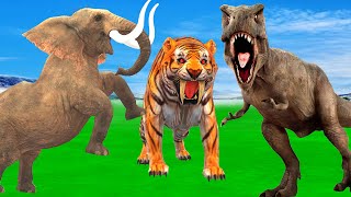 Giant Tiger Zombie TRex Attack Cow Cartoon Elephant Saved by Woolly Mammoth VS Wild Cat Dinosaur [upl. by Ordnajela]