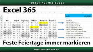 Feste Feiertage im Kalender jedes Jahr farbig markieren  Excel 365 Tutorial [upl. by Lehcir]