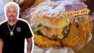 Guy Fieri Returns to Funky Cheese Skirt Burger Joint  Diners DriveIns and Dives with Guy Fieri [upl. by Ruder]