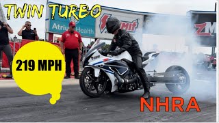 Moore Mafia Twin turbo Gsxr goes 219 mph at NHRA 4 wide [upl. by Akselaw396]