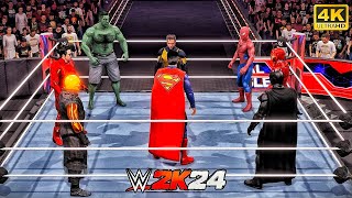 SuperMan SpiderMan Ghost Rider Hulk Batman Wolverine IronMan 1 amp 2 Elimination Match WWE2K24 [upl. by Itoc872]