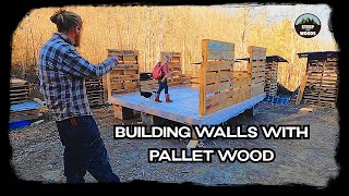 Building Walls out of Pallet Wood  Part 1  Tiny Pallet House in the woods [upl. by Felicia]