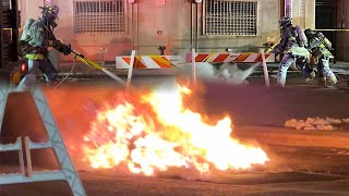 EXPLOSIONS  PURPLE K OPS FDNY Battling a Very Stubborn Transformer Fire at All hands box 4783 [upl. by Wieren]