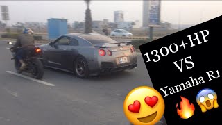 😱PAKISTANS FASTEST 1300HP GTR VS YAMAHA R1 DRAG RACE at DHA🔥 [upl. by Silvan258]