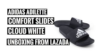 Adidas Adilette Comfort Slides l Cloud White  CG3425  Unboxing  Lazada [upl. by Adriel63]