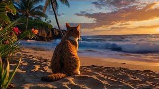 Beach Ambience  Ocean Waves SoundsPurring Cat  Calming Wave Sounds White Noise for Deep Sleep [upl. by Ddat]