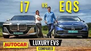 BMW i7 vs MercedesBenz EQS  Indias most luxurious electric cars  Comparison  Autocar India [upl. by Noryv]