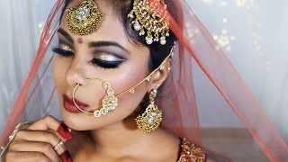 IndianPakistani Bridal Makeup Tutorial  Glitter Cut Crease Full Face Makeup [upl. by Bloch]