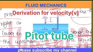 Derivation for velocity in pitot tube pitot tube fluid mechanics [upl. by Elleral]