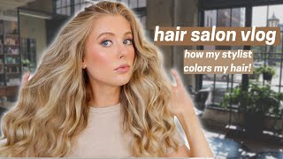 How My Hair Stylist Colors my Warm Blonde Hair Hair Salon Vlog [upl. by Jemmie]