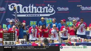 New champions crowned in hot dog eating contest while Joey Chestnut eats with soldiers [upl. by Sessylu]