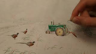 Fritz Hoppe Watercolor Painting  Pheasants in a Snow Landscape [upl. by Hardin]