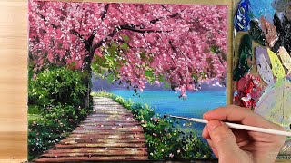 How to Paint Cherry Blossom Tree Landscape  Acrylic Painting  Correa Art [upl. by Mctyre817]