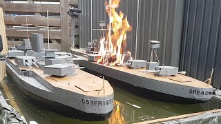 Wooden Model Ship On Fire And Sinking Battleship Dreadnought Versus Battleship Ostfriesland [upl. by Sirad]