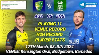 AUS vs ENG Dream11 Prediction  AUS vs ENG Prediction  Australia vs England 17TH T20 World Cup 2024 [upl. by Uwkuhceki]