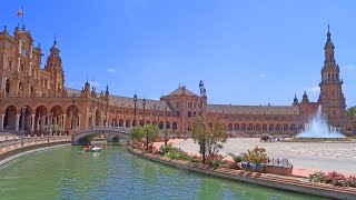 Spain Seville city plaza España  square with palace fountains mosaic [upl. by Ytsirhc]