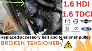 16 HDI Replaced accessory belt and belt tensioner pulley roller with broken retractor axis [upl. by Ahasuerus]