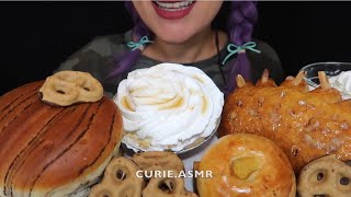 Curie ASMR pastry donut banana cream pie Mukbang bites only [upl. by Ahsratan576]