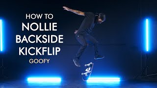 How to Nollie Backside 180 Kickflip Goofy Stance w Moose  Skate Trick Tutorial  Skateboarding [upl. by Molohs]