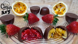 TRUFAS DE CHOCOLATECOM MOUSSE E GELEIA DE MARACUJÁ E MORANGO EXPLOSÃO DE SABORESReceita caseira [upl. by Ataner]