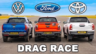 Ford Raptor v GR Toyota Hilux v VW Amarok DRAG RACE [upl. by Alicea]