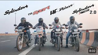 Splendor plus  Vs Tvs sport Vs  Hf Deluxe Vs Splendor plus Xtec 2O  Drag Race Full Review [upl. by Anina]