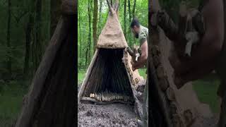 Building A Heartshaped Bushcraft Survival Shelter amp Fireplace With Clay Outdoor Cooking Overnight [upl. by Yrelav693]