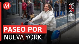 Xóchitl Gálvez llega en bicicleta a reuniones en Nueva York [upl. by Nohcim]