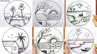 6 Beautiful Pencil Drawings of Landscape  How to Draw an Easy Pencil Landscape Picture in a Circle [upl. by Gnet]