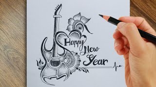 Best  Beautiful  Amazing drawing of happy new year with pencil  must watch [upl. by Kreitman]