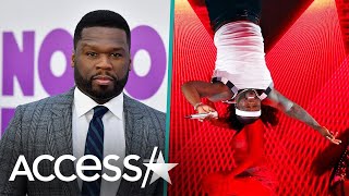 50 Cent Trolls Himself After UpsideDown Super Bowl Halftime Entrance [upl. by Ydieh]