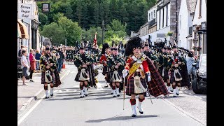 The Highlanders Pipes amp Drums lead the Queens Guard of Honour through Ballater to barracks Aug 2018 [upl. by Suoicerpal]