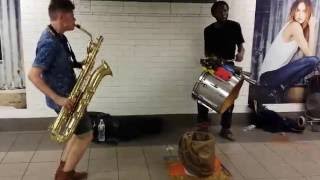 TOO MANY ZOOZ Baritone Saxophone and Drummer Duo Street Performance in NYC Union Square Subway [upl. by Bernardo]