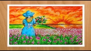 How to Draw a Beautiful Flower Garden Scenery  Flower Plucking Girl Step by step  Oil Pastel Art [upl. by Acinor228]