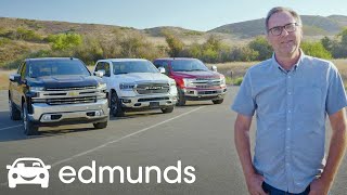 Ford F150 Ram 1500 and Chevy Silverado Battle for Pickup Truck Supremacy  Edmunds Video [upl. by Odnamra]